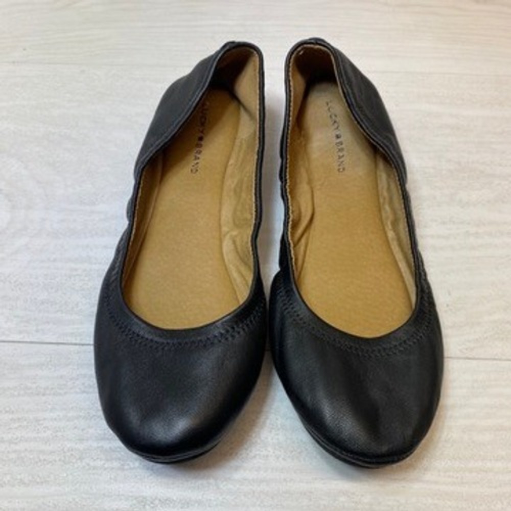 Lucky Brand Womens 8M Erin Ballet Flat Slip On Black Leather Whipstitch Heel